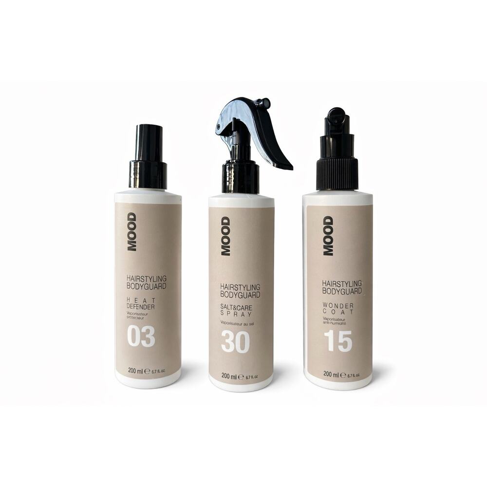 MOOD Hairstyling Bodyguard Set of 3 Heat Defender, Salt Care, Wonder Coat 200ml